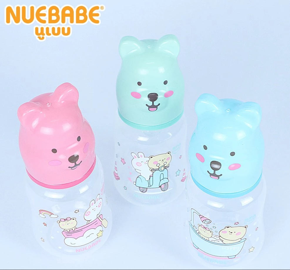 Nuebabe ขวดนม คอแคบ ทรงเอว ฝาครอบ รูปหมี สำหรับเด็ก