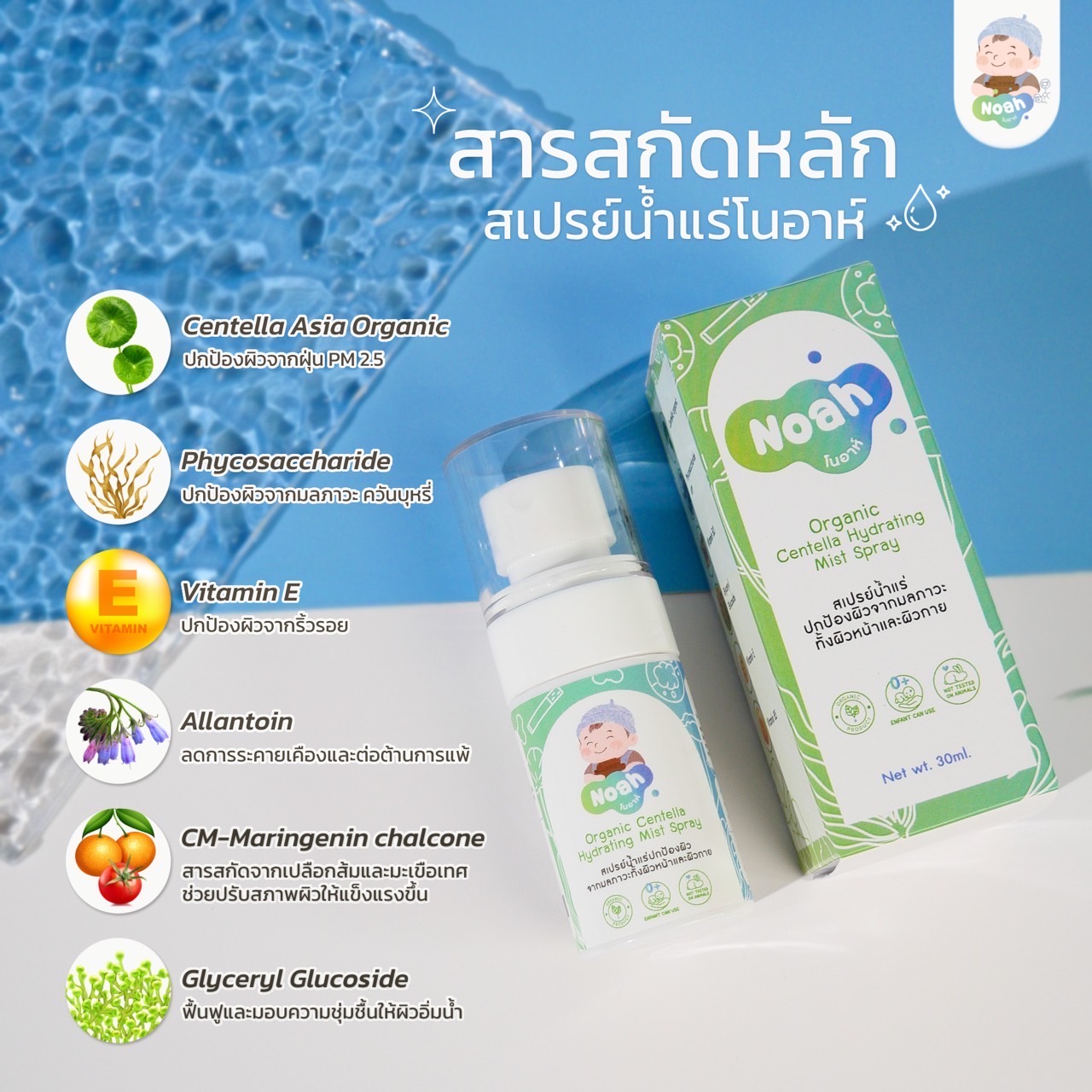Noah โนอาห์ สเปรย์น้ำแร่ ปกป้องผิวจากมลภาวะ ออร์แกนิค ใช้ได้ทั้งผิวหน้าและผิวกาย สำหรับเด็ก 30 มล.