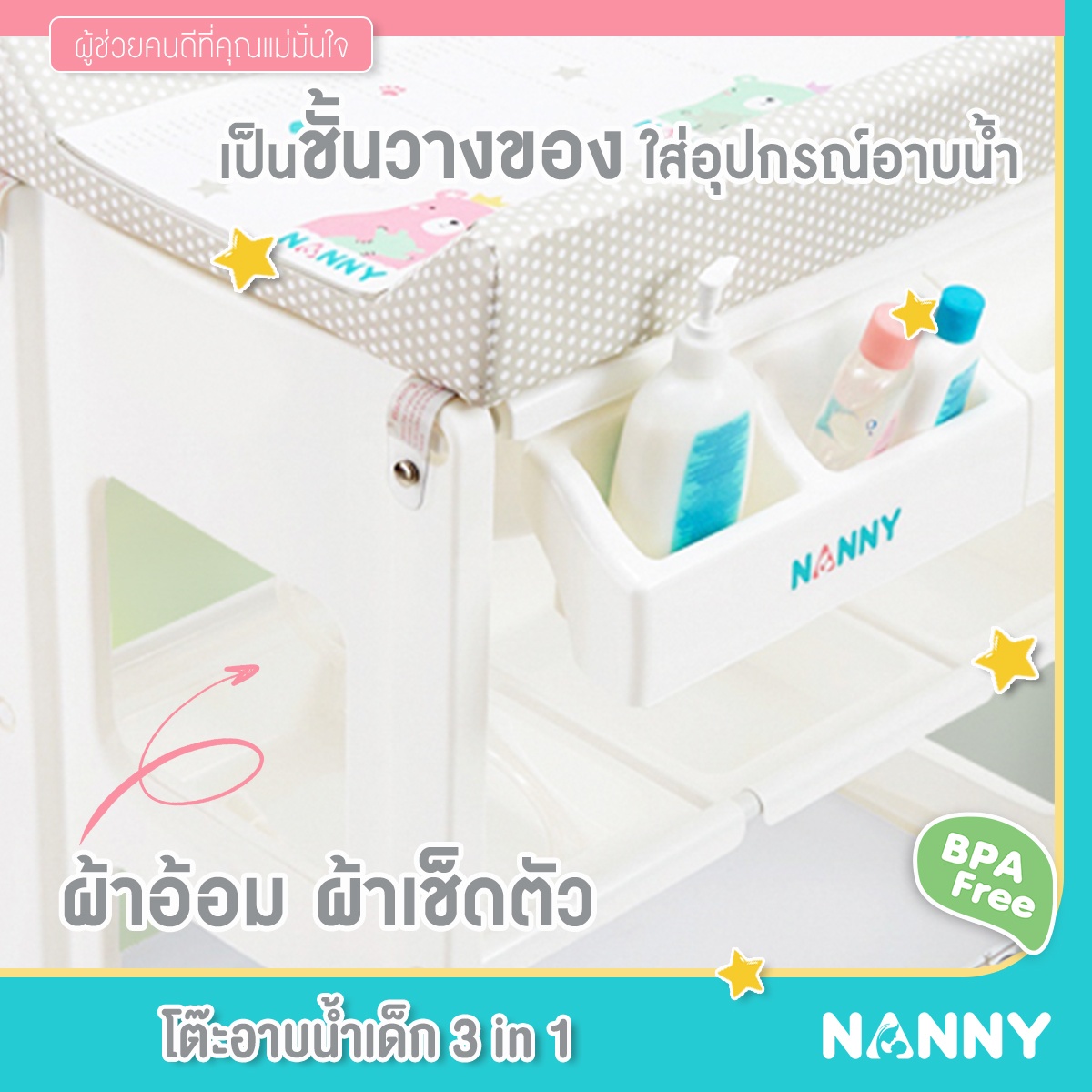 Nanny โต๊ะอาบน้ำเด็ก พร้อม เบาะเปลี่ยนผ้าอ้อม 3-in-1