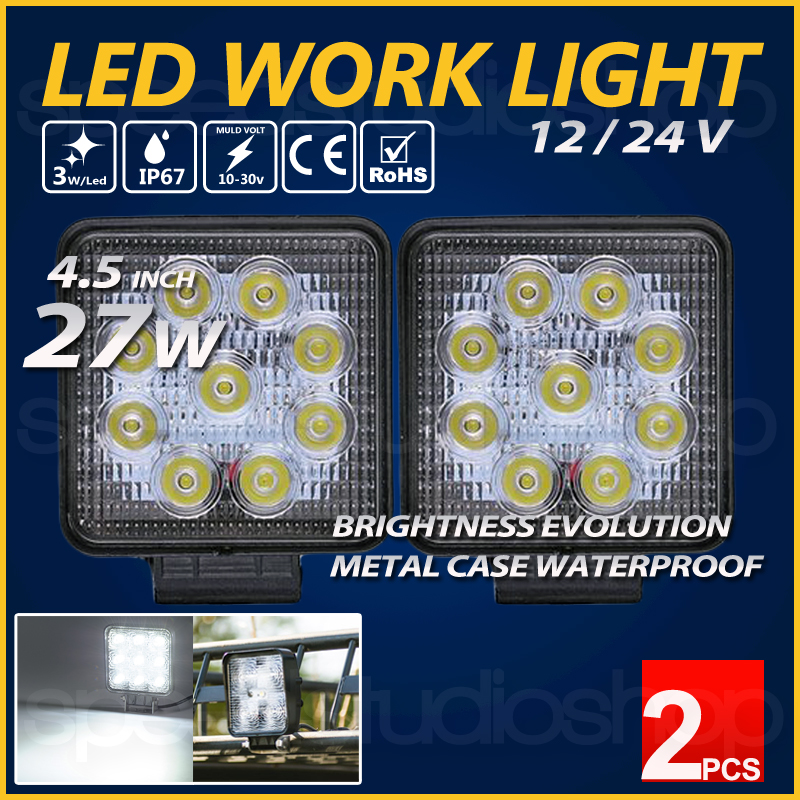 ไฟตัดหมอก LED Work light รถยนต์ เรือ มอเตอร์ไซค์ บิ๊คไบค์ ออฟโรด 4WD ATV 27 วัตต์ สีขาว 4.5 นิ้ว ทรงเหลี่ยม 2 ชิ้น