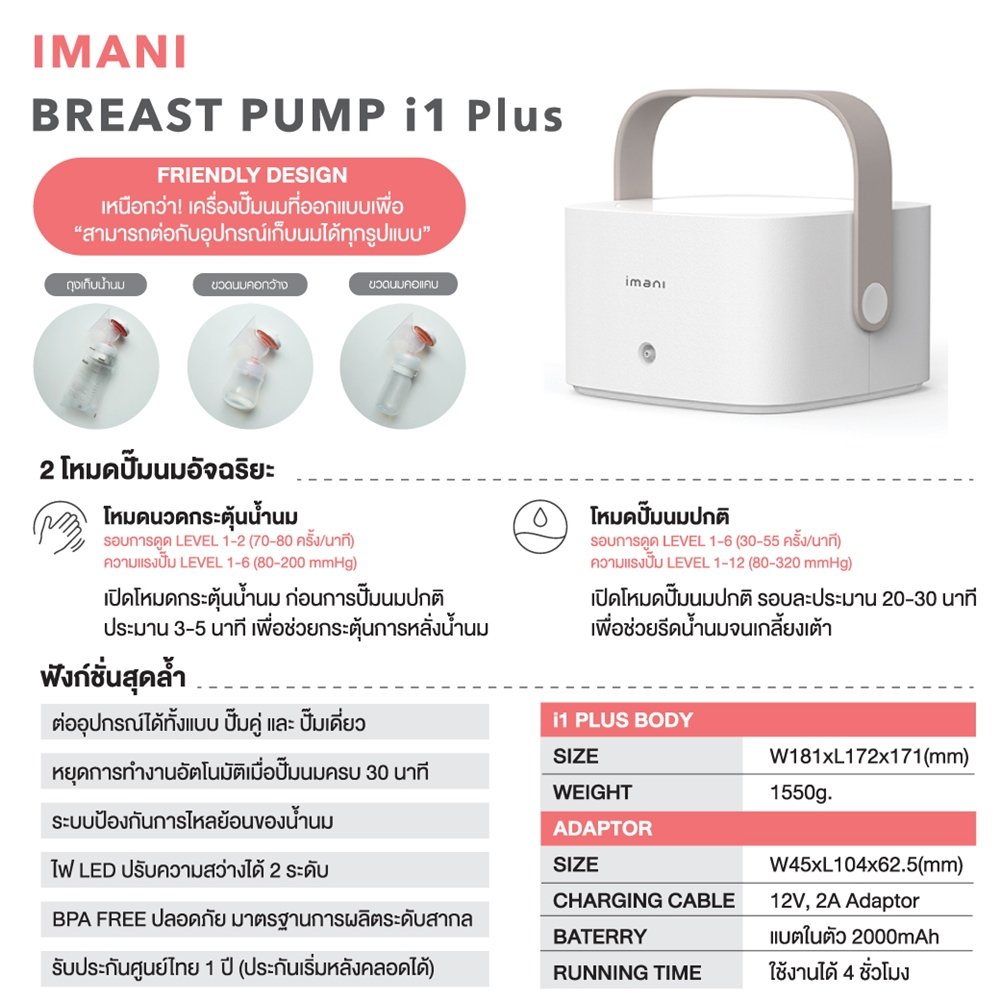 IMANI เครื่องปั๊มนมไร้สาย+มีสาย+แท่นชาร์จ เครื่องปั๊มนมเกรดโรงพยาบาล i1 Plus i2 Plus(PA) i2 Plus Box
