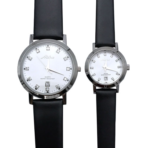 Metro นาฬิกาคู่ สายหนังดำ หน้าปัดขาว ประดับเพชร รุ่น 20125M-DW, 20125L-DW