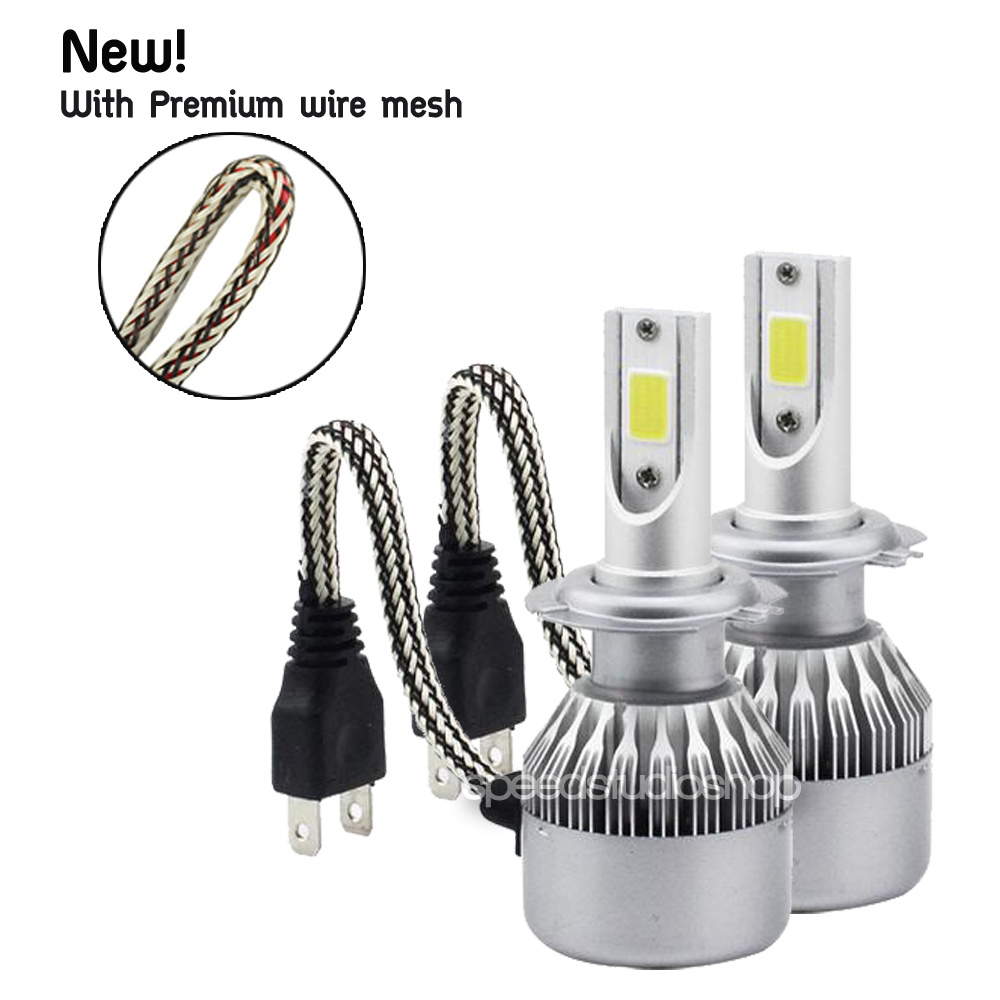 หลอดไฟหน้า หลอดไฟรถยนต์ ไฟหน้า LED H7 ความสว่าง 7600 ลูเมน แสงขาว 6000K 2 หลอด รุ่นใหม่ C6F สายถักคุณภาพสูง