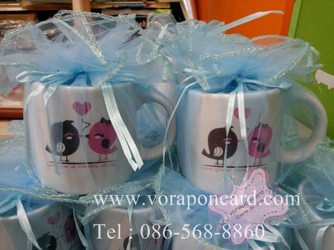 แก้วสกรีน 2 สีลายนกคู่แพคถุงผ้า