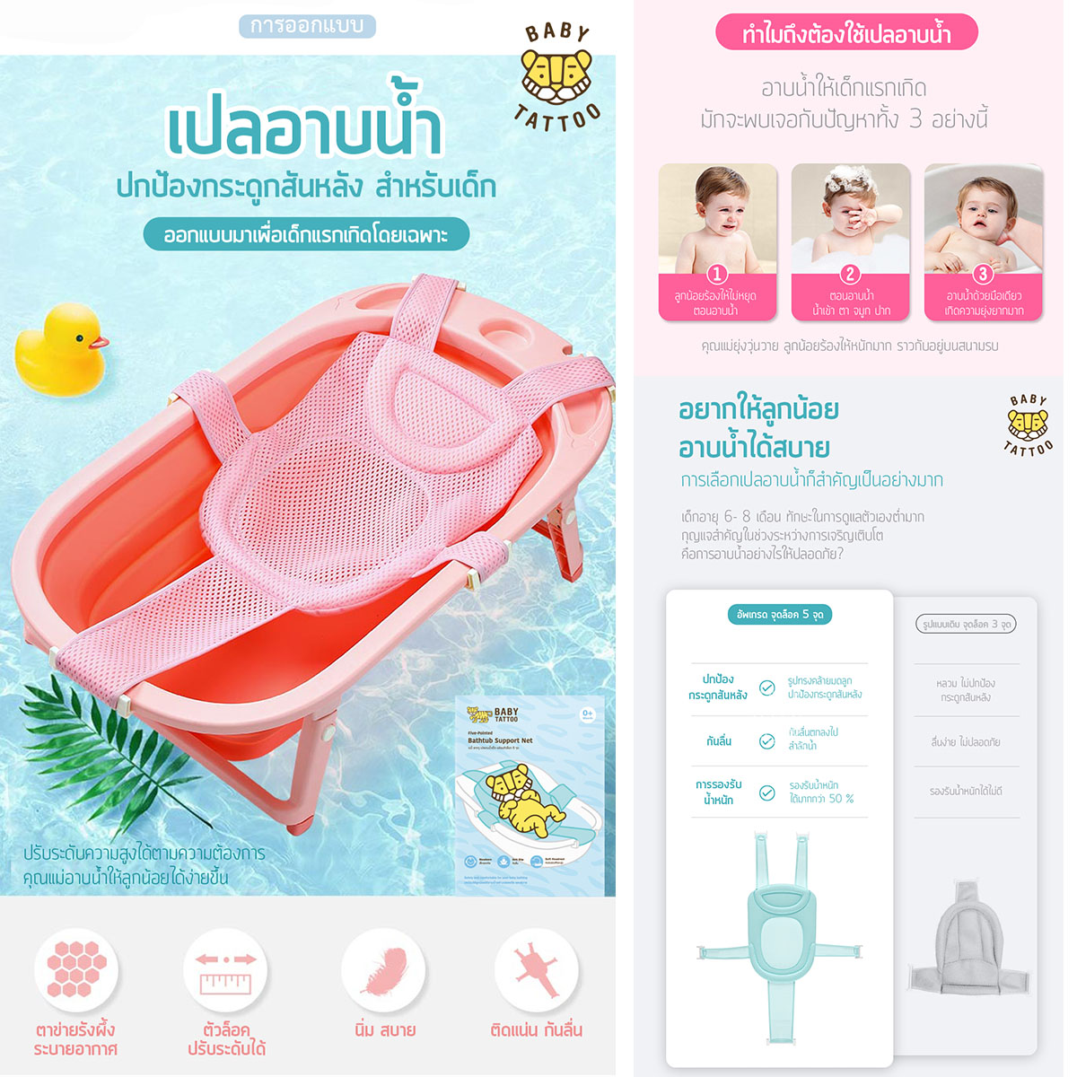 BABY TATTOO ที่รองอาบน้ำ สำหรับเด็ก ตัวล็อค 5 จุด