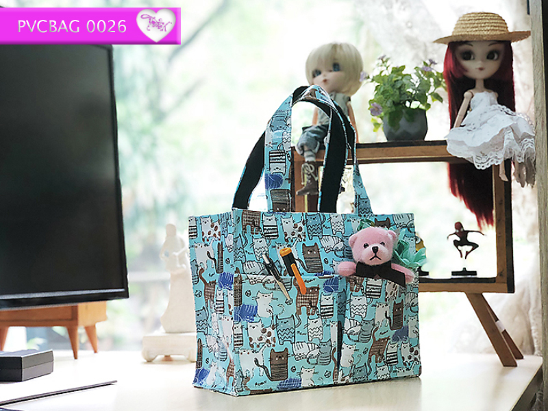 กระเป๋าผ้าเคลือบ PVC กันน้ำ ใส่เอกสาร (A5) ฟ้า.แมวฟิน