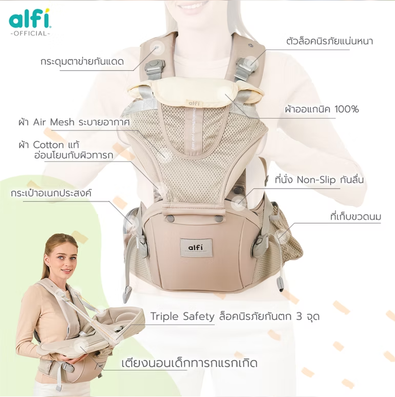 Alfi เป้อุ้มเด็ก มัลติฟังก์ชัน Lulu-4 (แรกเกิด-3ปี) รุ่นใหม่! Lulu-4 PRO+ เตียงนอนถอดสลับนั่งได้ เจ้าเดียวในไทย ผ้าน้ำลายออแกนิค 100%