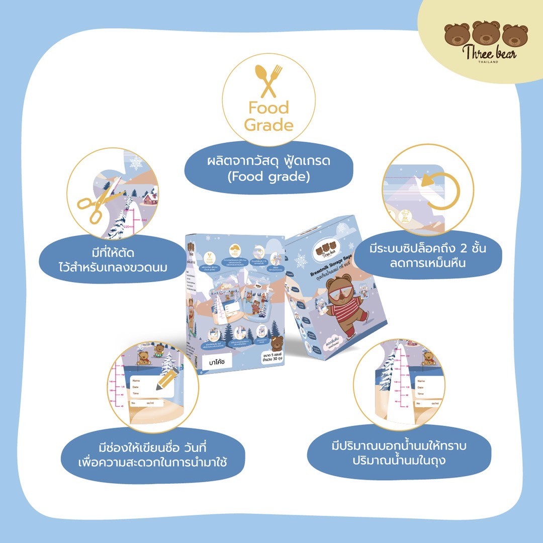 Three bear ถุงเก็บน้ำนมแม่ ถุงสต๊อกน้ำนมขนาด 8 ออนซ์ ผลิตจากวัสดุ Food grade