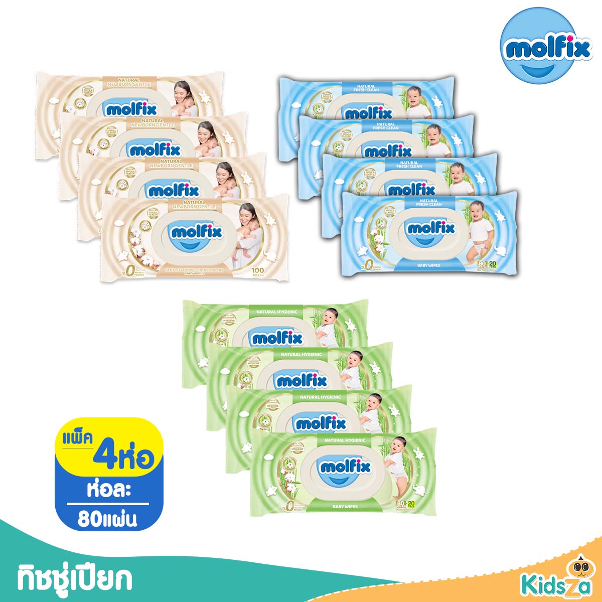 Molfix เบบี้ไวฟ์ ทิชชู่เปียก ทำความสะอาด สำหรับเด็ก [80แผ่น] [แพค4ห่อ]