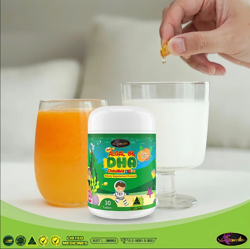 Auswelllife Algal Oil DHA ออสเวลไลฟ์ อัลก้าออย วิตามินอาหารเสริมสำหรับเด็ก สำหรับเด็ก 6เดือนขึ้นไป