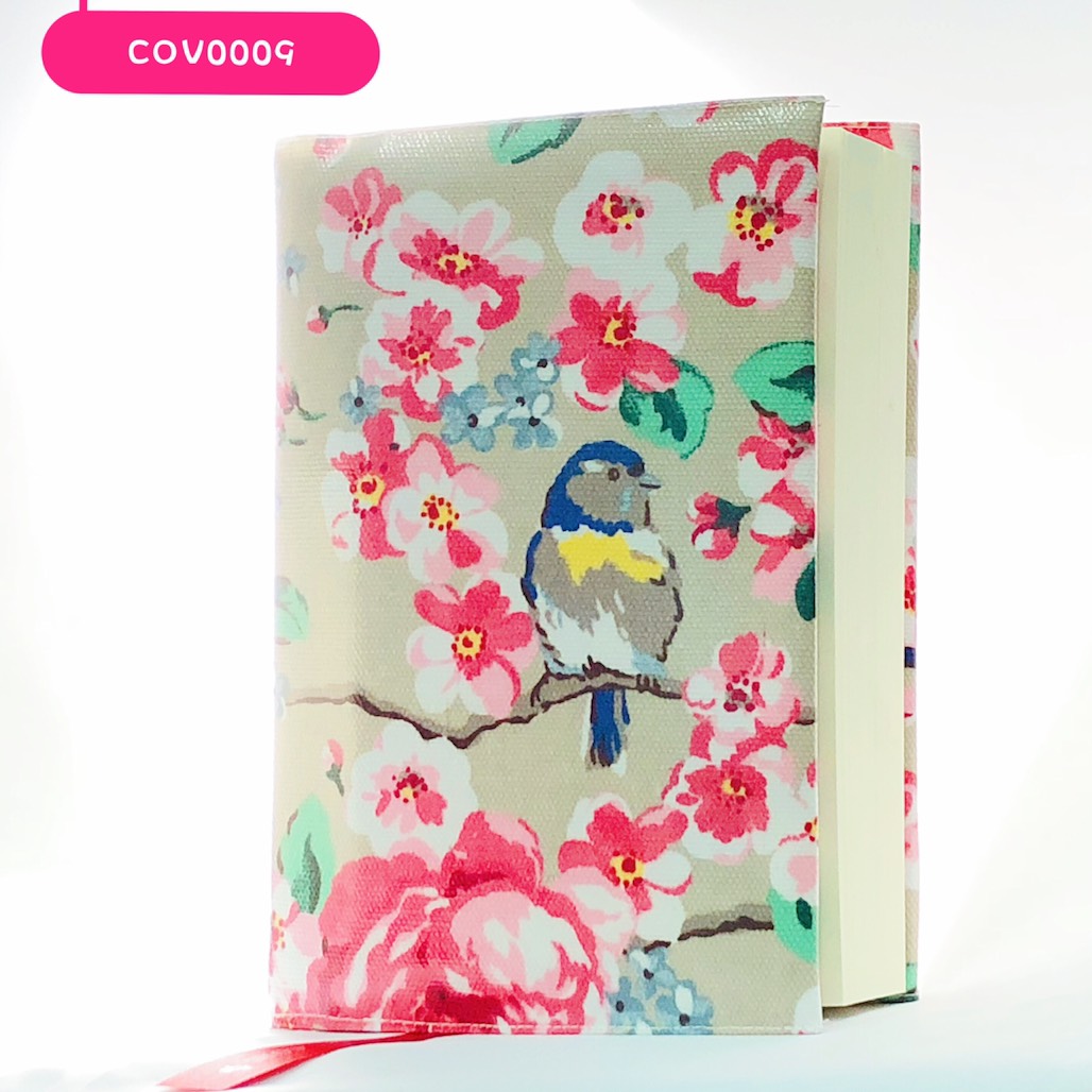 ปกผ้าเคลือบกันน้ำ พื้นครีม ลายนกกับดอกไม้ ขนาด 8" ( Pocket Book )