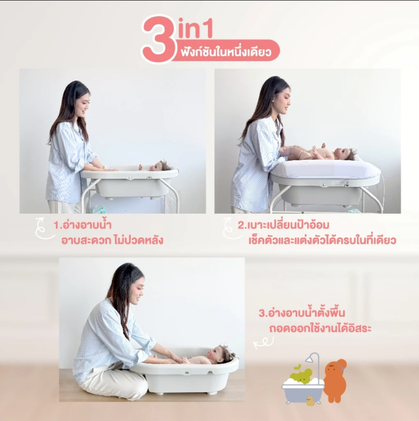 Bubble Beans อ่างอาบน้ำเด็กมีขาตั้ง เบาะเปลี่ยนผ้าอ้อม ที่ยืนอาบน้ำ ฟองน้ำ สำหรับเด็ก