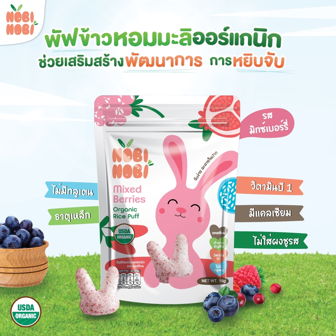 Nobi Nobi อาหารว่าง ขนมเสริมพัฒนาการเด็ก พัฟข้าวหอมมะลิออร์แกนิก สำหรับเด็ก 6 เดือนขึ้นไป