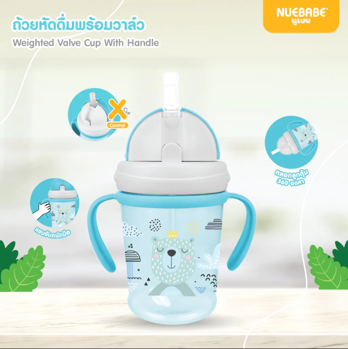 Nuebabe Buddy Babe ถ้วยหัดดื่มมีวาล์ว หลอดลูกตุ้ม กระติกน้ำพร้อมหลอดดูด