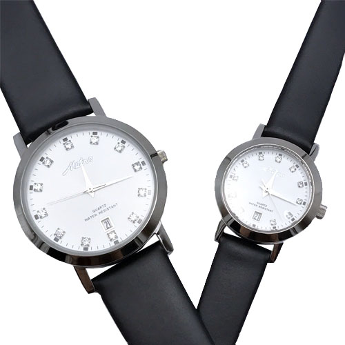 Metro นาฬิกาคู่ สายหนังดำ หน้าปัดขาว ประดับเพชร รุ่น 20125M-DW, 20125L-DW