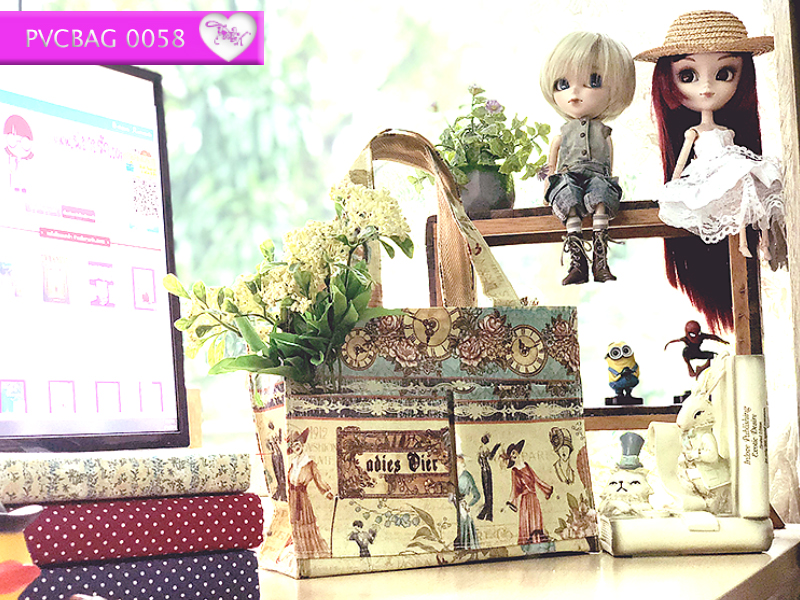 กระเป๋าผ้าเคลือบ PVC กันน้ำ ใส่เอกสาร (A5) ครีม.สาววินเทจ