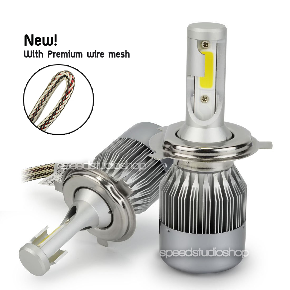 หลอดไฟหน้า หลอดไฟรถยนต์ ไฟหน้า LED H4 ไฟสูง/ต่ำ ความสว่าง 7600 ลูเมน แสงขาว 6000K 2 หลอด รุ่นใหม่ C6F สายถักคุณภาพสูง