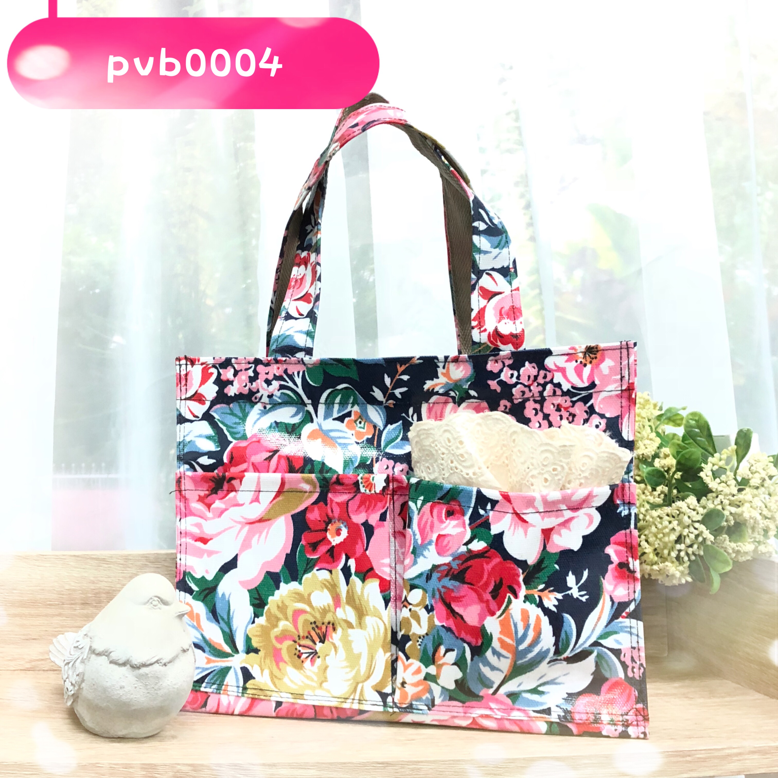 กระเป๋าผ้าเคลือบ PVC กันน้ำ ใส่เอกสาร (A5) สีกรม/ช่อดอกเหมย