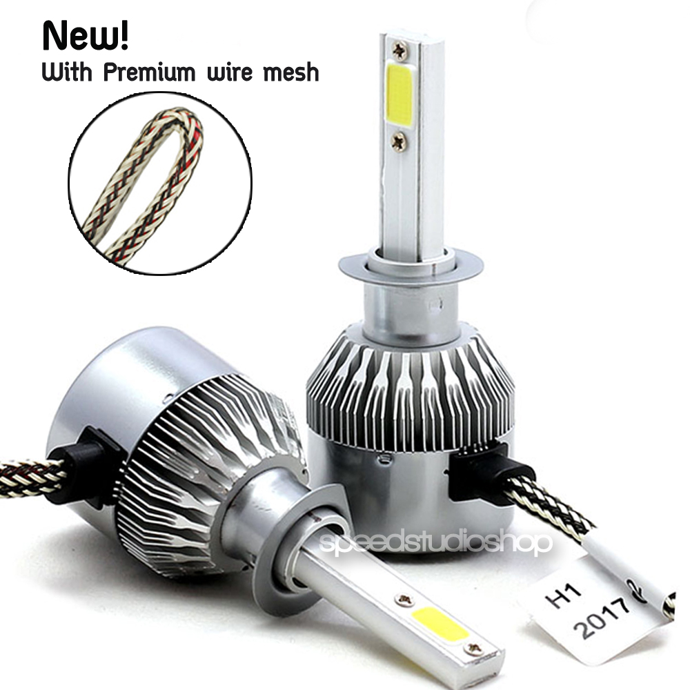 หลอดไฟหน้า หลอดไฟรถยนต์ ไฟหน้า LED ไฟตัดหมอก H1 ความสว่าง 7600 ลูเมน แสงขาว 6000K รุ่นใหม่ C6F สายถักคุณภาพสูง 2 หลอด
