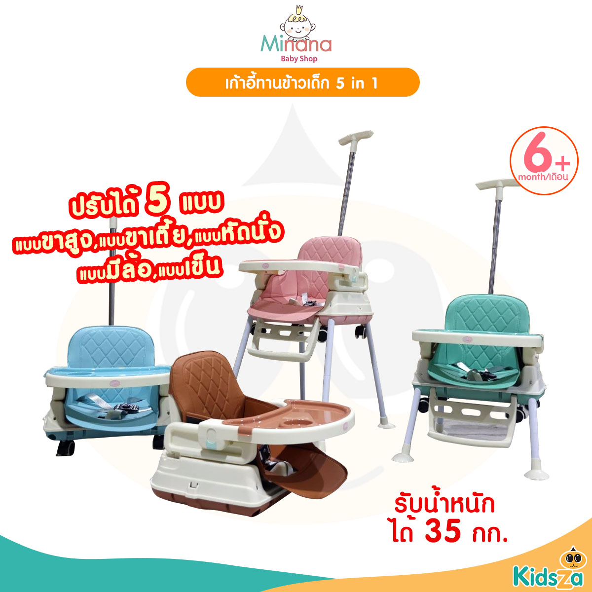Minana เก้าอี้ทานข้าว สำหรับเด็ก รุ่น 5 in 1 มีล้อ มีด้ามเข็น