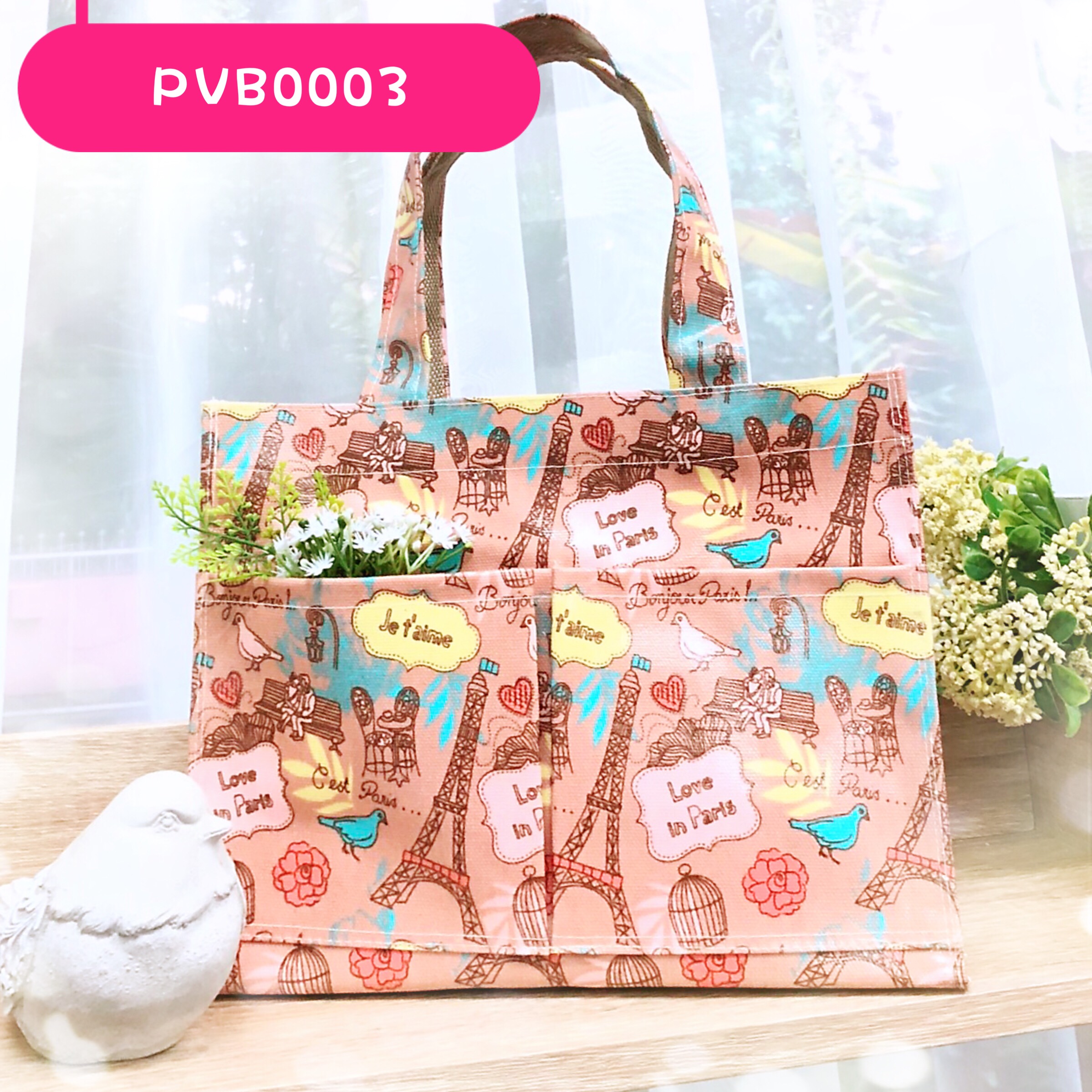 กระเป๋าผ้าเคลือบ PVC กันน้ำ ใส่เอกสาร (A5) สีชมพู/หอไอเฟล