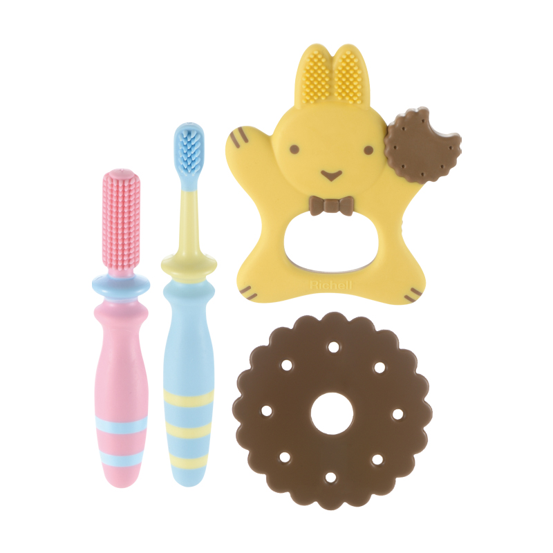 Richell ริเชล แปรงสีฟัน สำหรับเด็กวัย 0-6 เดือน ชุดเริ่มต้นนวดเหงือกเบบี๋ มียางกัดพี่กระต่ายในชุด