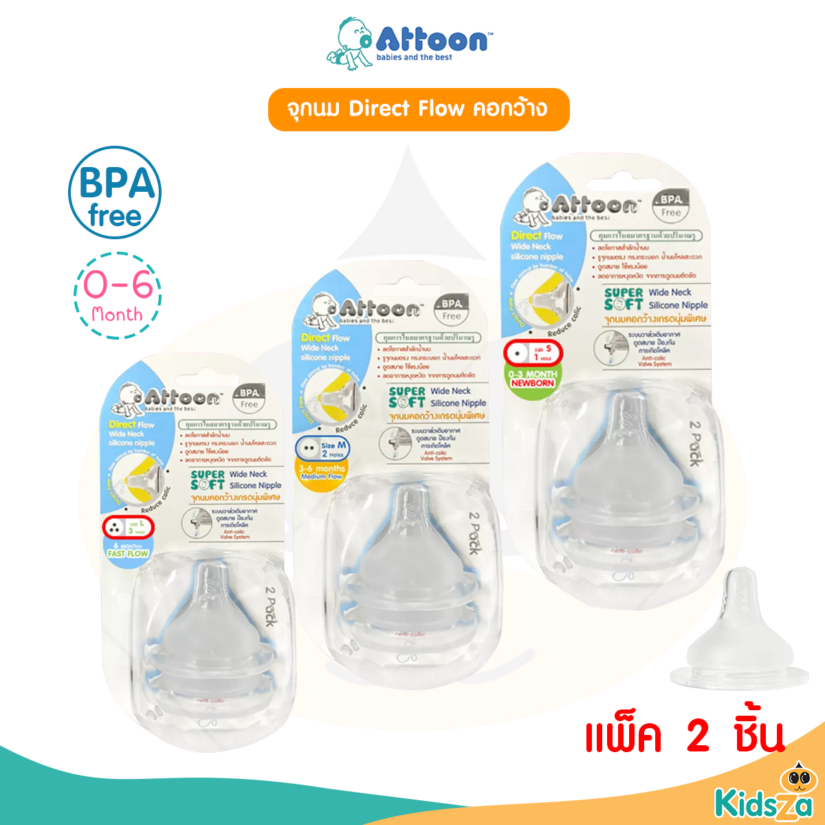Attoon จุกนม Direct Flow คอกว้าง [แพ็ค 2 ชิ้น]