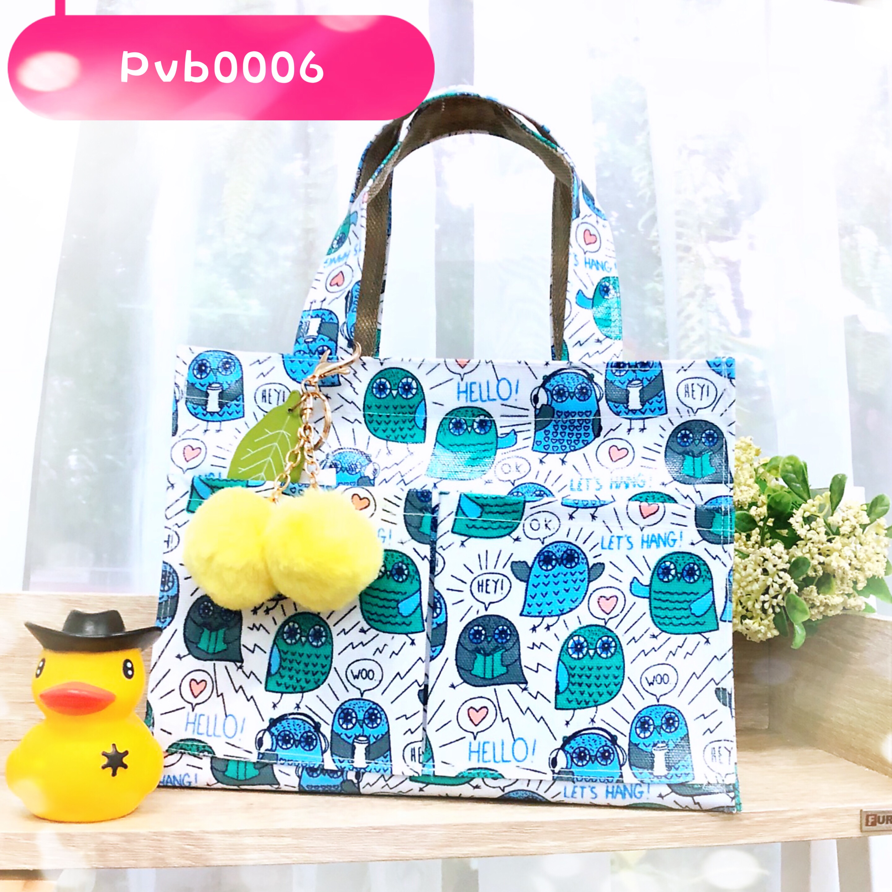 กระเป๋าผ้าเคลือบ PVC กันน้ำ ใส่เอกสาร (A5) สีขาวสว่าง / ลายนกฮูก