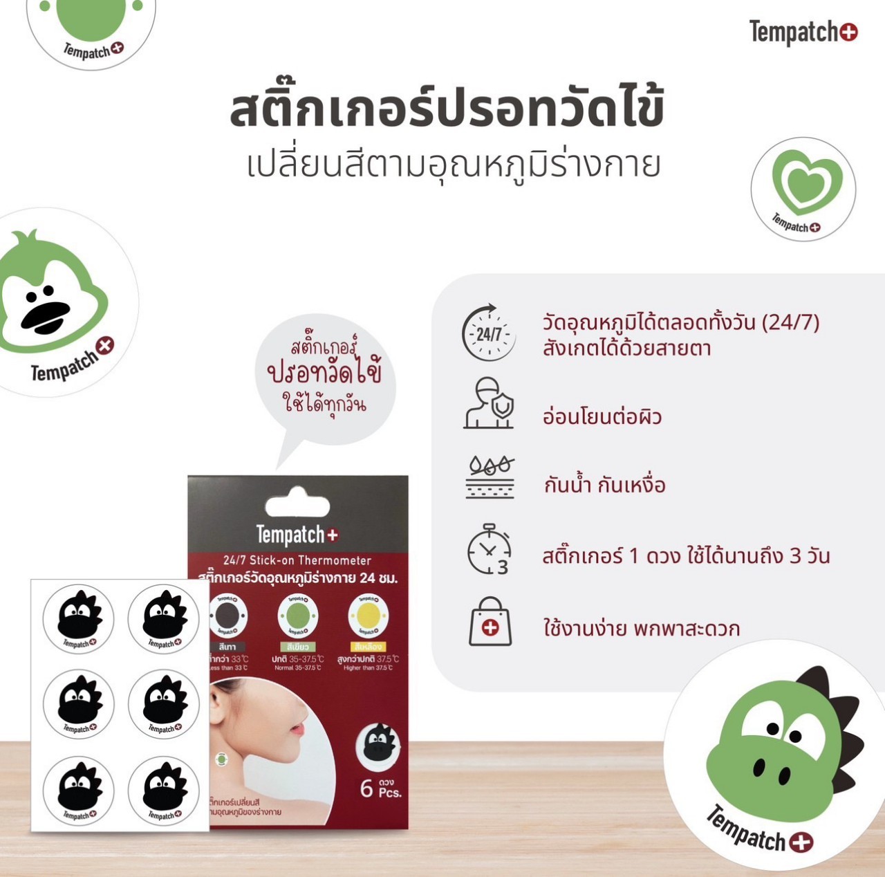 Tempatch+ สติ๊กเกอร์วัดไข้ วัดอุณหภูมิร่างกายแบบเรียลไทม์ 24 ชม. ไม่ต้องใช้ปรอทวัดไข้ ติดได้ เด็ก-ผู้ใหญ่