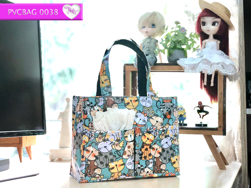กระเป๋าผ้าเคลือบ PVC กันน้ำ ใส่เอกสาร (A5)เขียว.แมวสงสัย