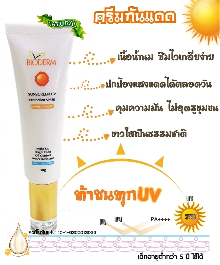 ครีมกันแดดทาหน้า BIODERM SUNSCREEN UV PROTECTION SPF50 PA+++ UVB/UVA /UVA1 ขนาด 30g. สูตรกันน้ำ (เนื้อน้ำนม)