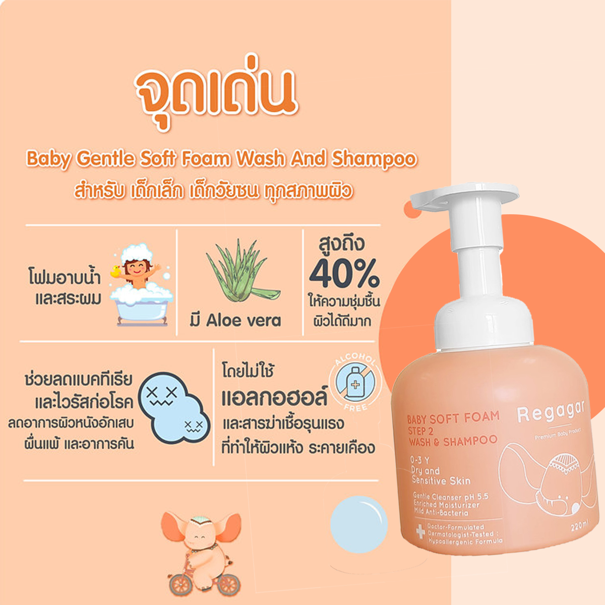 Regagar โฟมอาบน้ำและสระผม สำหรับเด็กเล็ก Baby Soft Foam Wash And Shampoo