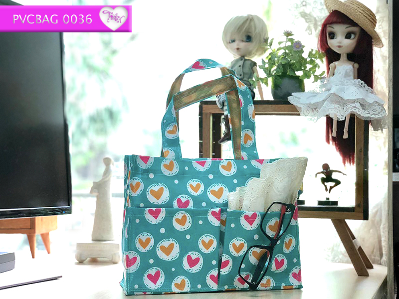 กระเป๋าผ้าเคลือบ PVC กันน้ำ ใส่เอกสาร (A5) เขียวมิ้น.หัวใจ