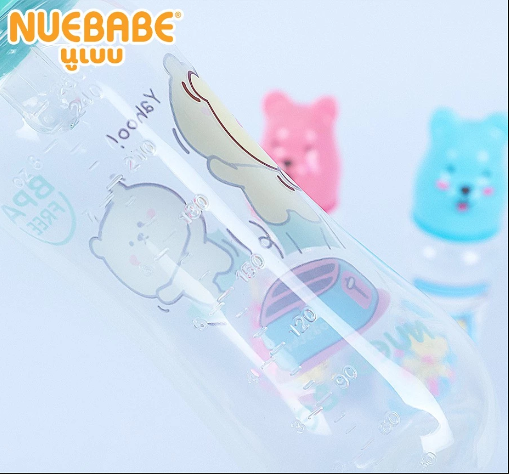 Nuebabe ขวดนม คอแคบ ทรงเอว ฝาครอบ รูปหมี สำหรับเด็ก