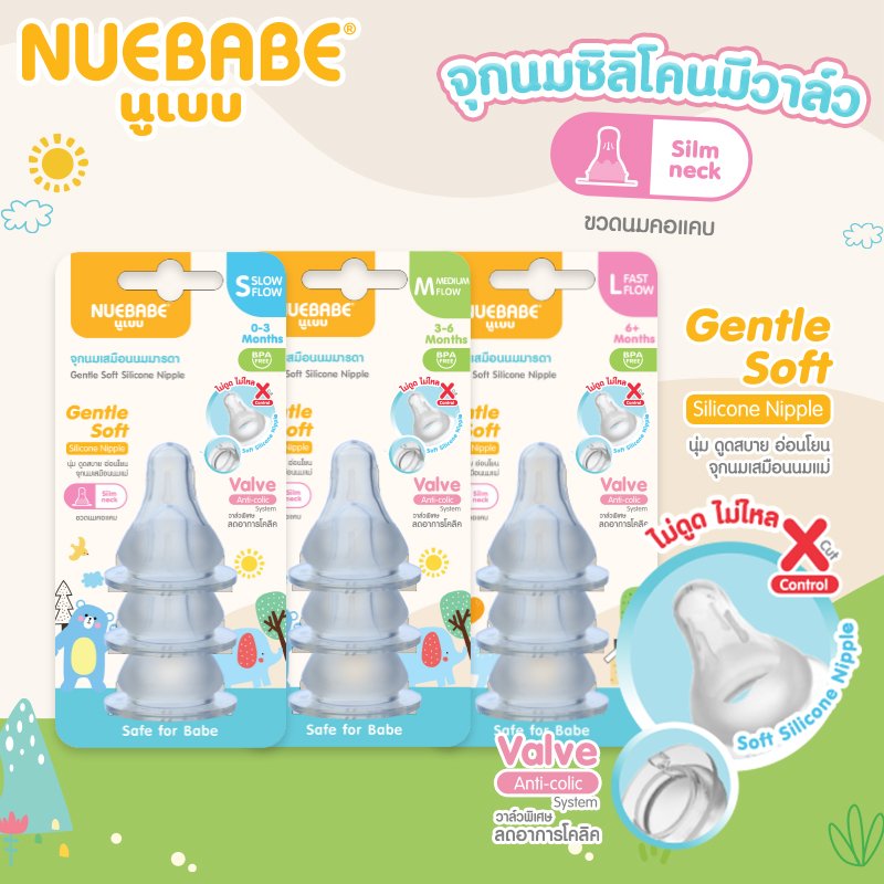 Nuebabe จุกนมซิลิโคน Gentle Soft ไม่ดูดไม่ไหล X Cut control มีวาล์วพิเศษลดอาการโคลิค ขนาด S M L