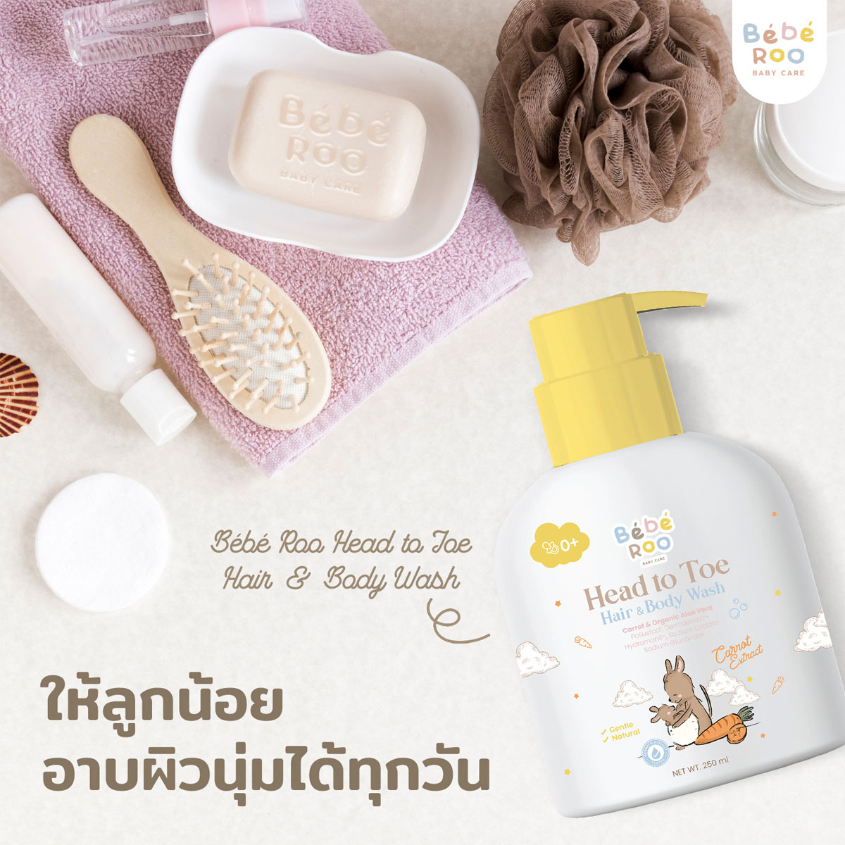 Bebe Roo เจลอาบน้ำและสระผม สบู่เหลวอาบน้ำและสระผม สำหรับเด็ก 250 ml. Head to Toe Hair and Body wash