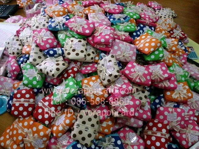 กระเป๋าซิบ PVC ลายจุดพร้อมโบว์และป้ายชื่อ