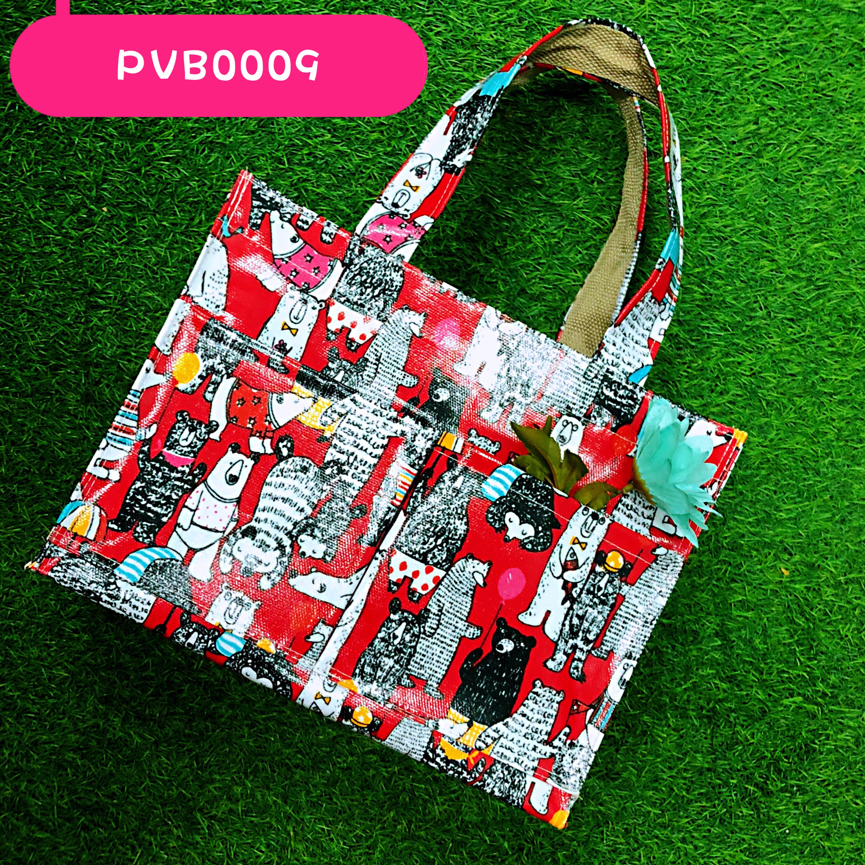 กระเป๋าผ้าเคลือบ PVC กันน้ำ ใส่เอกสาร (A5) สีแดง / หมีกริซรี่