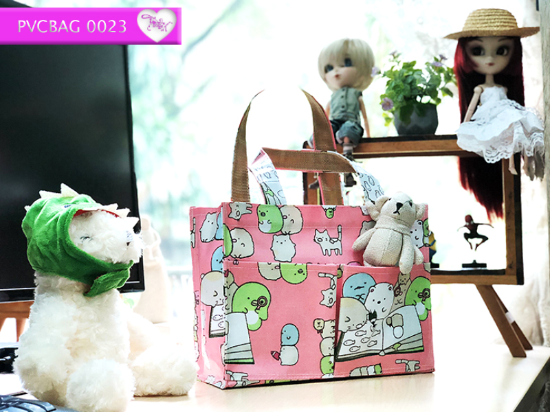 กระเป๋าผ้าเคลือบ PVC กันน้ำ ใส่เอกสาร (A5) ชมพู.การ์ตูนอุ๋งๆ