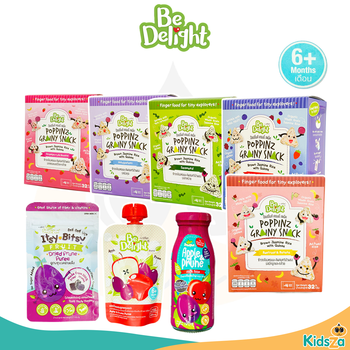 Sweet Pea (สวีทพี) Be Delight (บีดีไลท์) ขนมข้าวกล้องหอมมะลิออแกนิคผสมควินัวพอง น้ำแอปเปิ้ลผสมลูกพรุน ลูกพรุนอบแห้ง สำหรับเด็ก