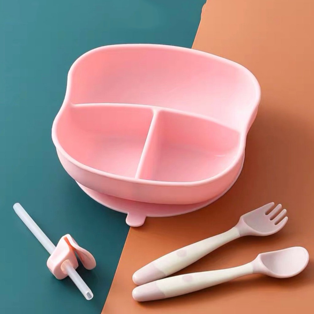 DODOLOVE ชามซิลิโคน ดูดโต๊ะ 3 ช่อง พร้อมช้อนซิลิโคนเด็ก ปรับงอได้ 360 องศาและหลอดดูด
