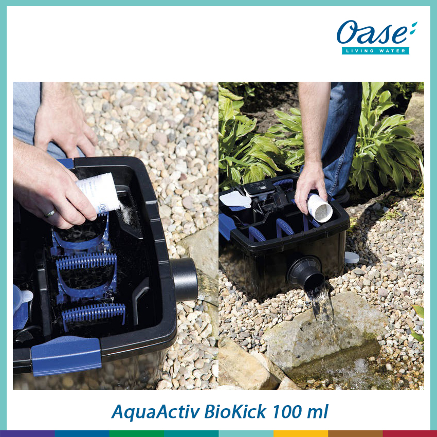 Oase AquaActiv BioKick 100 ml แบคทีเรียเริ่มต้นเพื่อสร้างสมดุลทางชีวภาพในบ่อ สำหรับบ่อปริมาณน้ำ 5,000 ลิตร