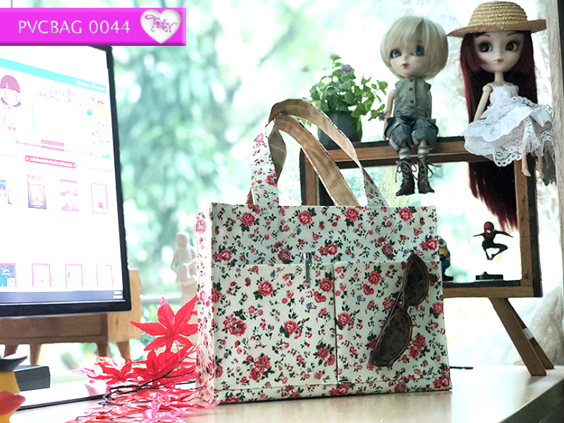 กระเป๋าผ้าเคลือบ PVC กันน้ำ ใส่เอกสาร (A5)ครีม.ดอกส้ม