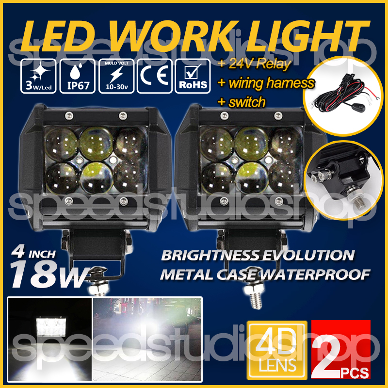 Speed Studio ไฟตัดหมอก ไฟสปอร์ตไลท์ LED 4D Lens Light Bar รถยนต์ มอเตอร์ไซค์ บิ๊กไบค์ ออฟโรด 4WD ATV เรือ 2 ชิ้น พร้อมชุดสายไฟ รีเลย์ สวิตช์ 24V