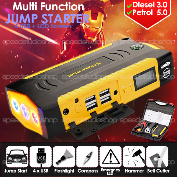 Jump start จั๊มสตาร์ทรถยนต์ อุปกรณ์ช่วยสตาร์ท ฉุกเฉิน พร้อม ไฟฉาย ไฟฉุกเฉิน USB 4 ช่อง 69800mAh