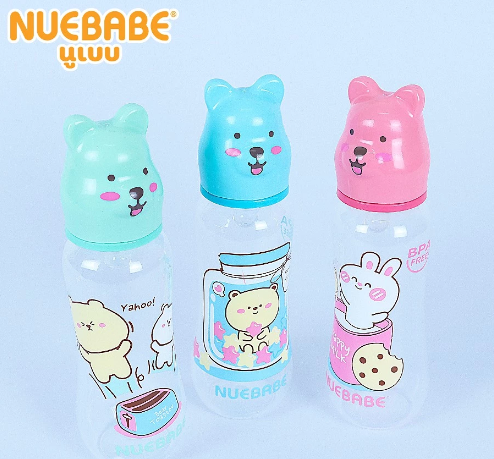 Nuebabe ขวดนม คอแคบ ทรงเอว ฝาครอบ รูปหมี สำหรับเด็ก