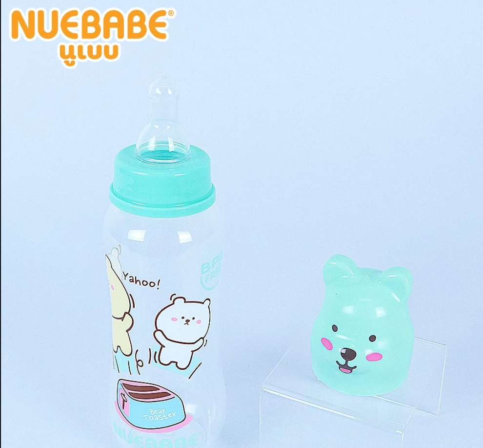 Nuebabe ขวดนม คอแคบ ทรงเอว ฝาครอบ รูปหมี สำหรับเด็ก