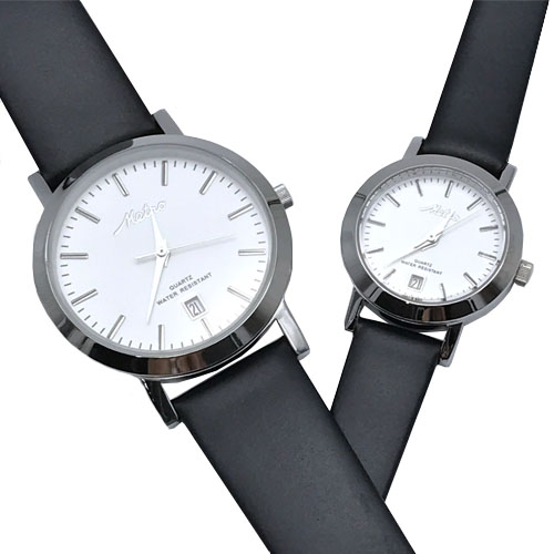Metro นาฬิกาคู่ สายหนังสีดำ - หน้าปัดขาว รุ่น 20125M-W, 20125L-W