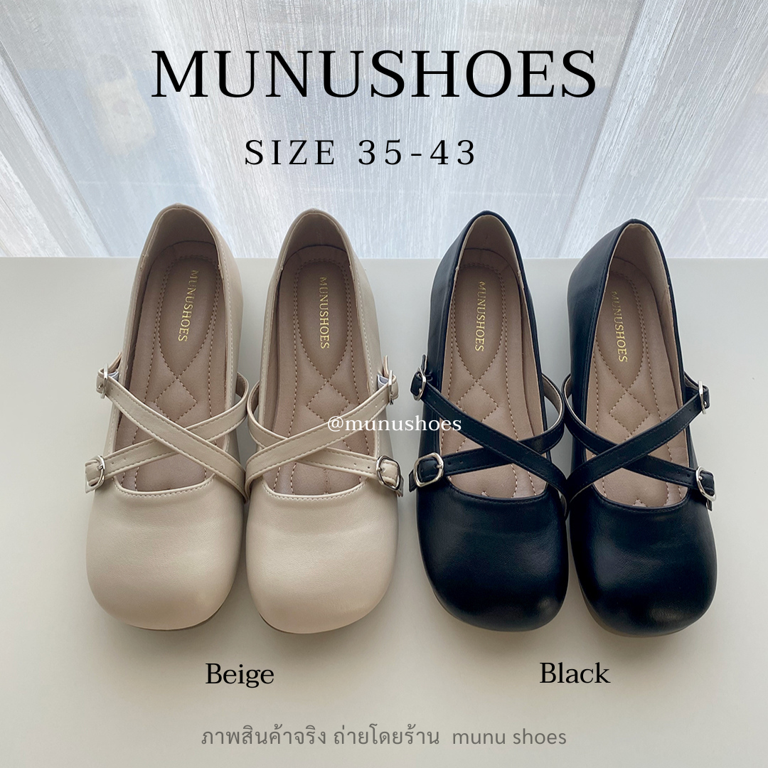 [Size 35-43] Mary Jane X รองเท้าแมรี่เจนสายเข็มขัดไขว้ หัวกลม ทรงน่ารัก หนังไมโครไฟเบอร์