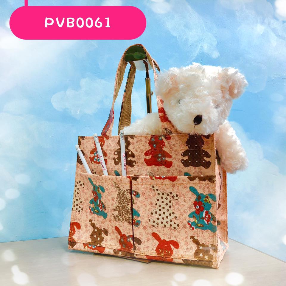 กระเป๋าผ้าเคลือบ พื้นสีน้ำตาล กระต่ายอีสเตอร์ PVC กันน้ำ ใส่เอกสาร (A5)